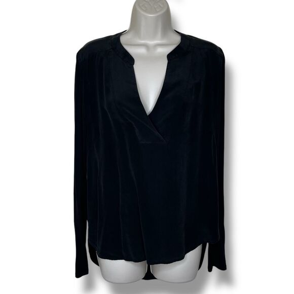 BCBGMaxAzria Black Silk Front Split Crossover Neck Long Sleeve Top Women Medium - Picture 1 of 10